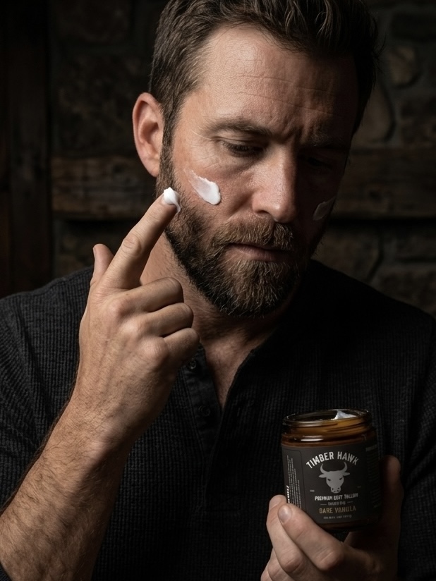Man applying Timber Hawk Dark Vanilla tallow to his face, jar in hand