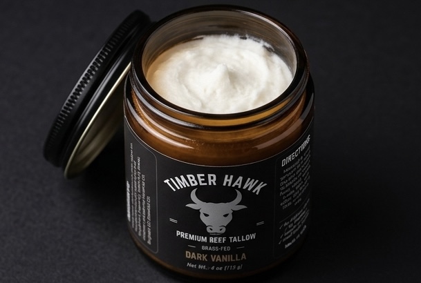 Open jar of Timber Hawk Dark Vanilla whipped beef tallow