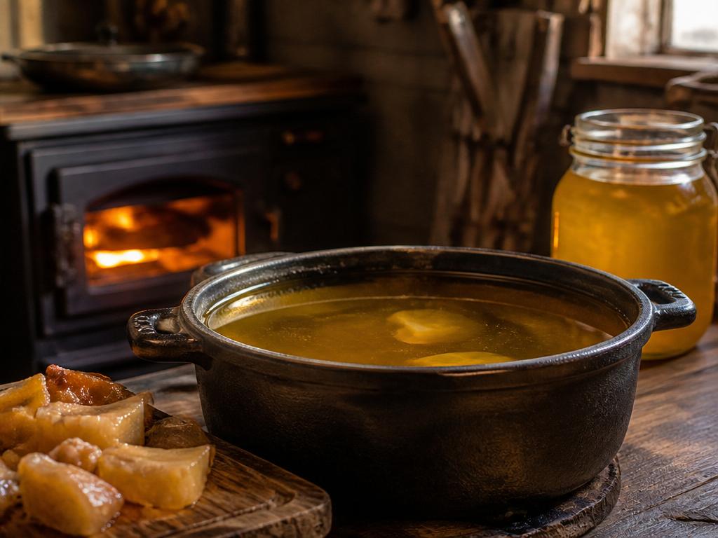 Cast iron pot of rendered beef tallow beside a wood fired stove